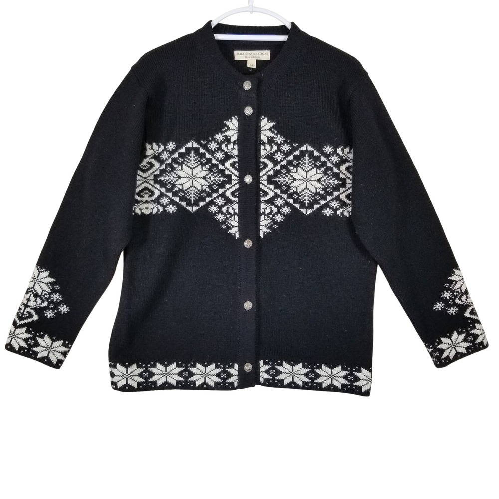 Baltic Inspirations Wool‎ Cardigan Sweater Womens Medium Black Nordic Snowflake
